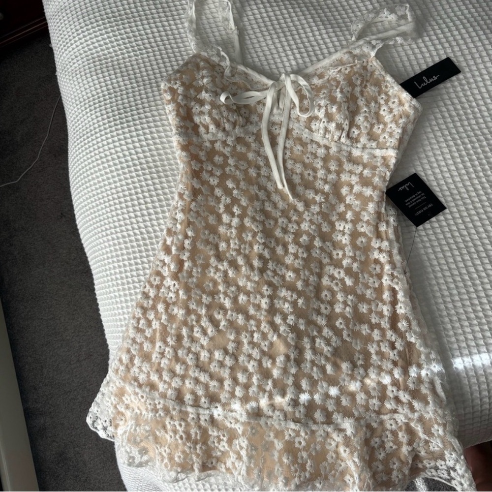 Lulu's Cream Lace Floral Mini Dress